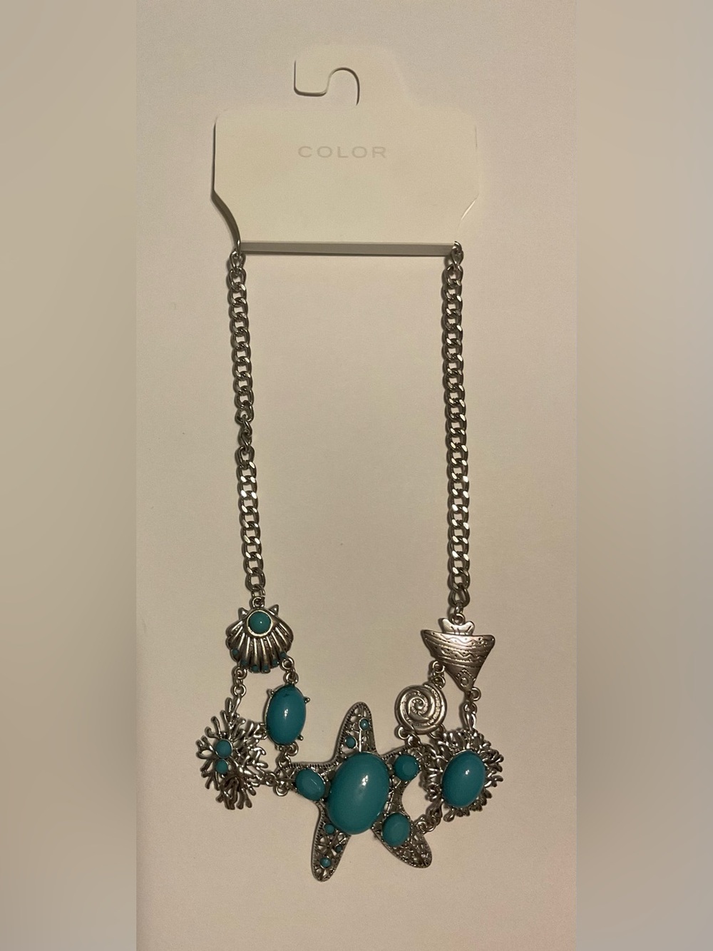 Silver Tone Sea Life Star Charm Pendant Necklace Turquoise Oval Stones, 21 in